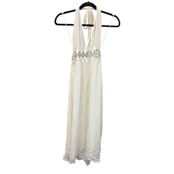 Zara White Gold Halter Maxi Dress Lurex Viscose Lace Waist Size S Limited - Picture 8 of 12
